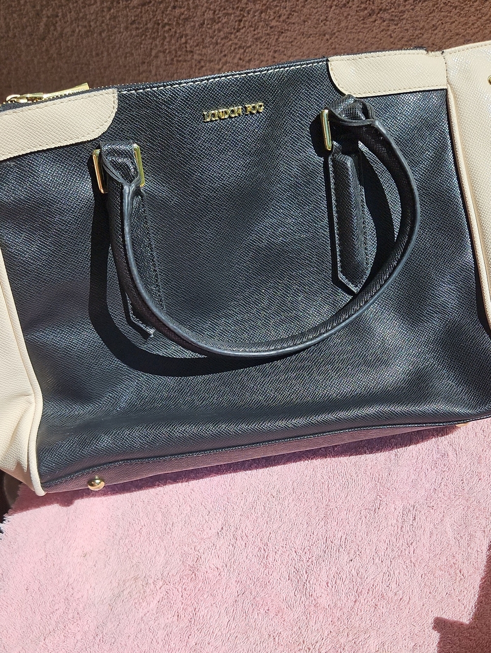 London Fog Black and Cream Structured Tote